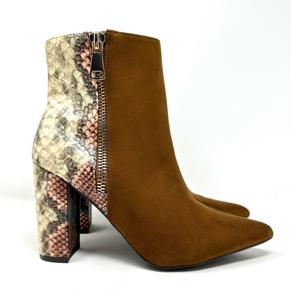 Bamboo BellFlower Womens Snake Print & Suede Ankle Bootie